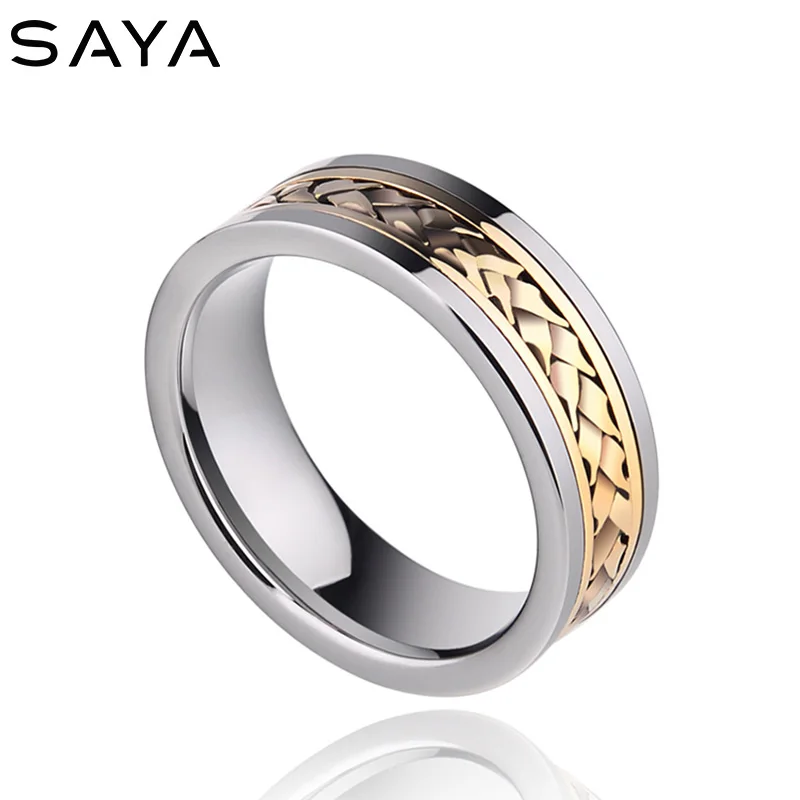 Ring For Men Inlay 18K Gold 7mm Width Tungsten Wedding Jewelry 2022 High Polished Comfort Fit, custom lettering, Free Shipping