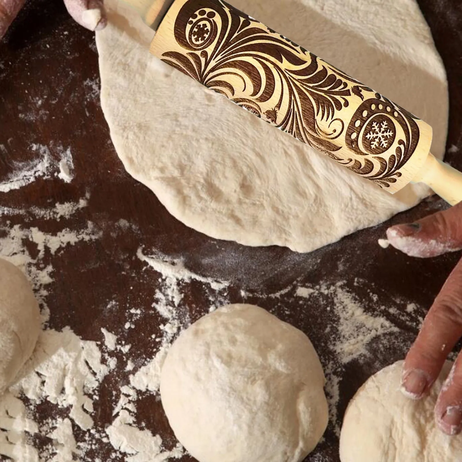 Скалка с Дамасским тиснением Деревянный инструмент для выпечки печенья помадки