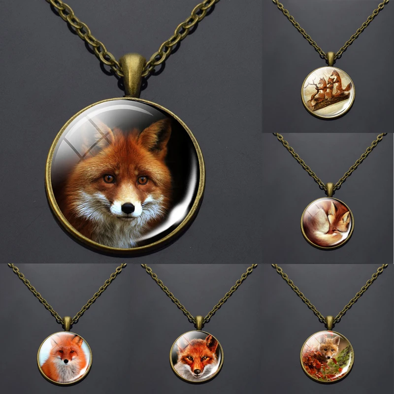 Ожерелье с пуговицами в виде Красной лисы кулон бижутерия со стеклянными