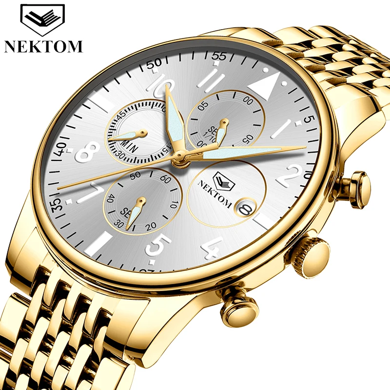 Мужские кварцевые часы Nektom водонепроницаемые наручные со стальным ремешком для
