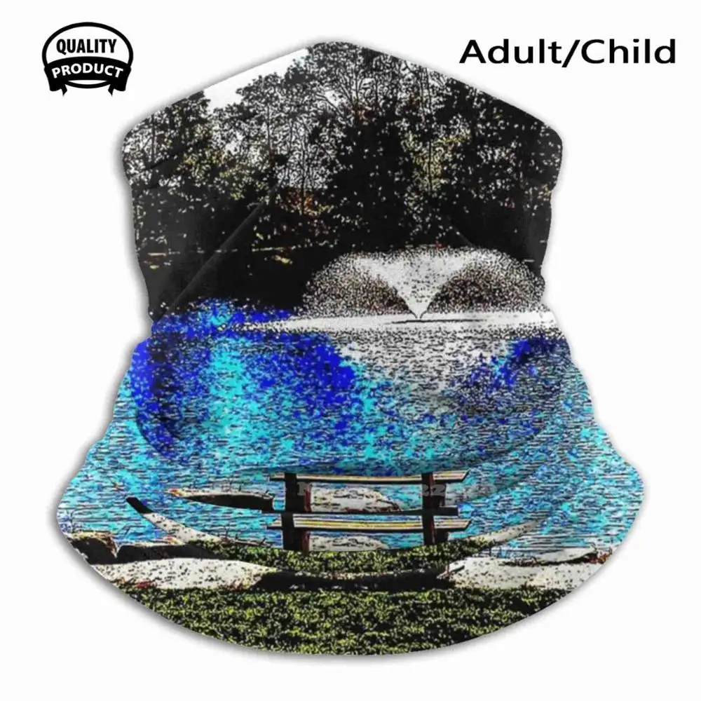 

Цифровая маска для скамьи и озера, мягкие теплые маски для лица, сидящие деревья, скамейка, озеро, вода, фонтан, цветные, яркие, синие, зеленые, желтые