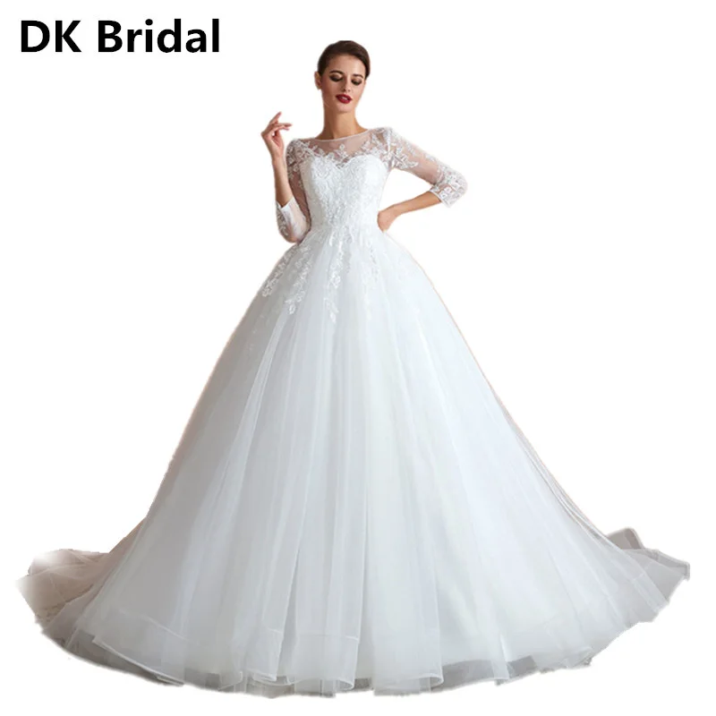 

White Ivory Wedding Dresses Bride Gown Flowers Button Sexy Back Vestidos De Novia Floor Length Bride Dress Three Quarter Sleeve