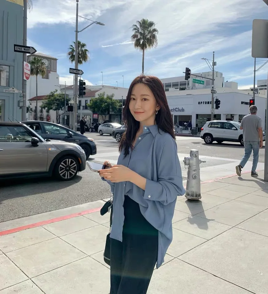 

Women's Blouses Korean Shirt New Long-sleeved Blouse Blended Plus Size Fashion Solid Top Comfortable Casual Tops