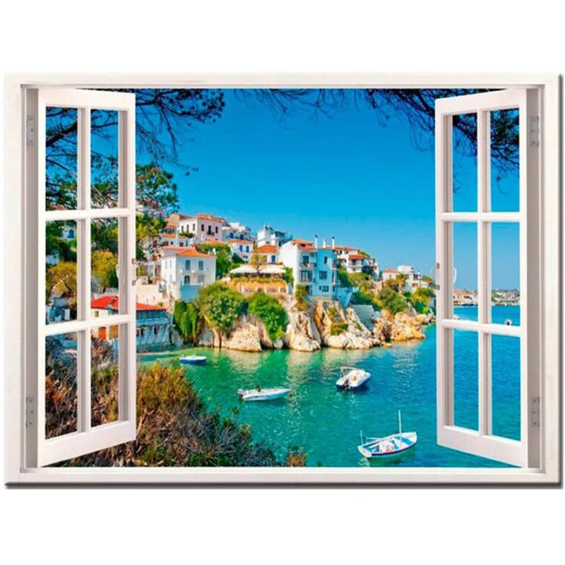 

Window Nature Diy Diamond Painting sea house Scenic Full square round drill Diamond Embroidery Rhinestones Cross Stitch