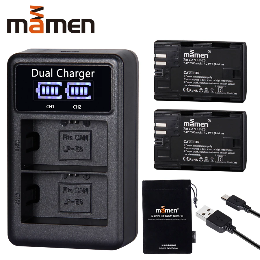 2600 мАч LP E6 LP-E6 LPE6 батарея для цифровой камеры+ USB lcd двойное зарядное устройство для Canon Mark II Mark III 6D 7D 60D 60Da 70D 80D 5DS 5D