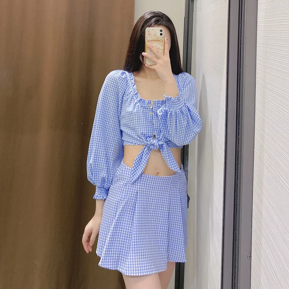 

2021 new fashion blue plaid top women's summer bow shirt bubble sleeve t-shirt