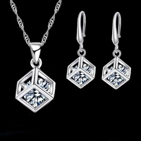 happy cube 925 sterling silver fine jewelry sets inside cubic zirconia square pendant necklace earring wedding set gifts