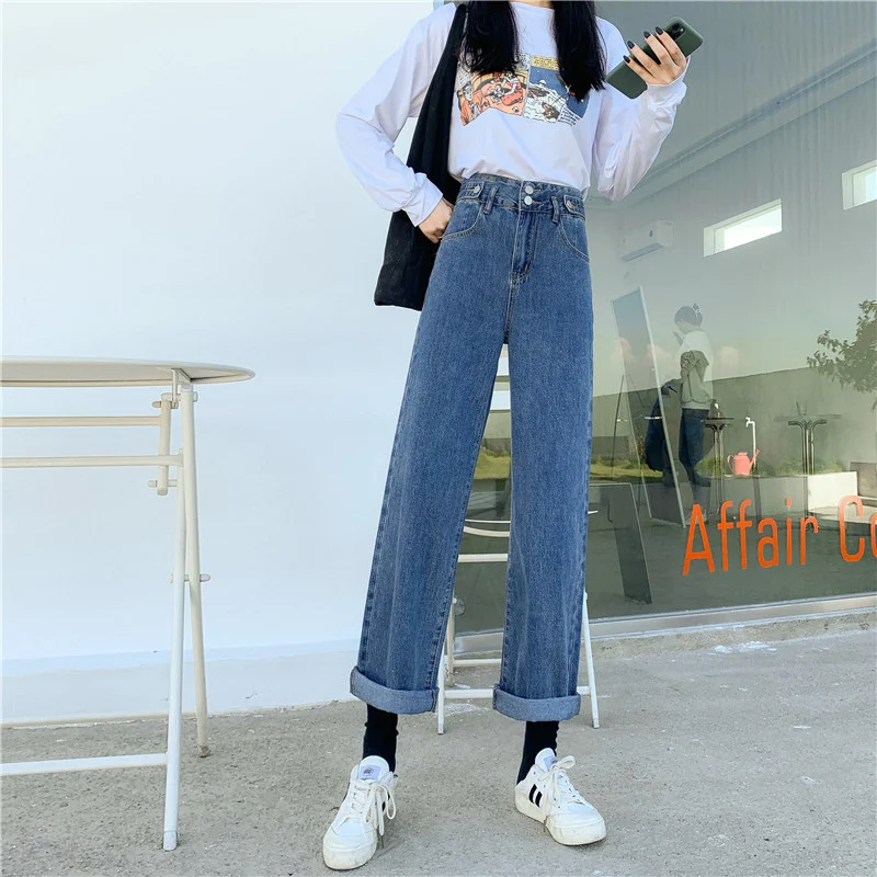 

2022 Fashion Elegant Women's Loose High Waist Straight Leg Jeans New Dark Blue Lady Plus Size All-Match Casual Denim Trousers