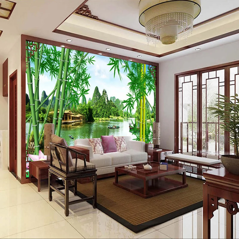 

3d Wallpaper Green Landscape Hills House Decoration Bamboo Fish Wall Mural Sticker