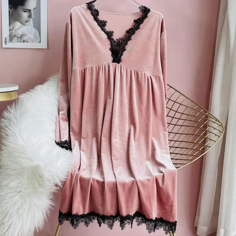 

Ночная рубашка с V-образным вырезом, женское платье для сна, велюровая ночная рубашка, ночная рубашка с длинным рукавом, домашняя одежда, сво...