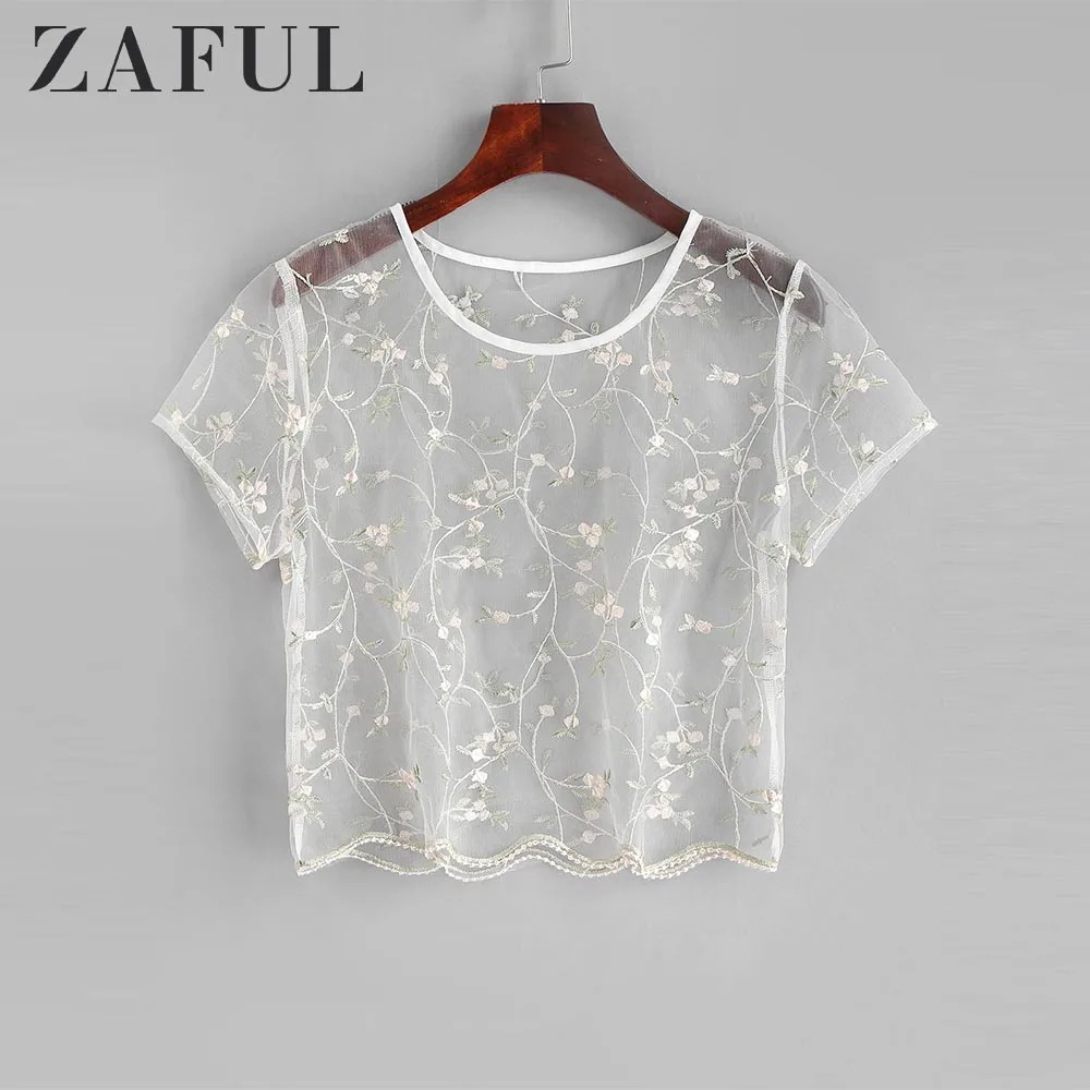ZAFUL Топы Женщины Цветочные Вышитые Чистый Тюль Растениеводство Топ Выдалбливают
