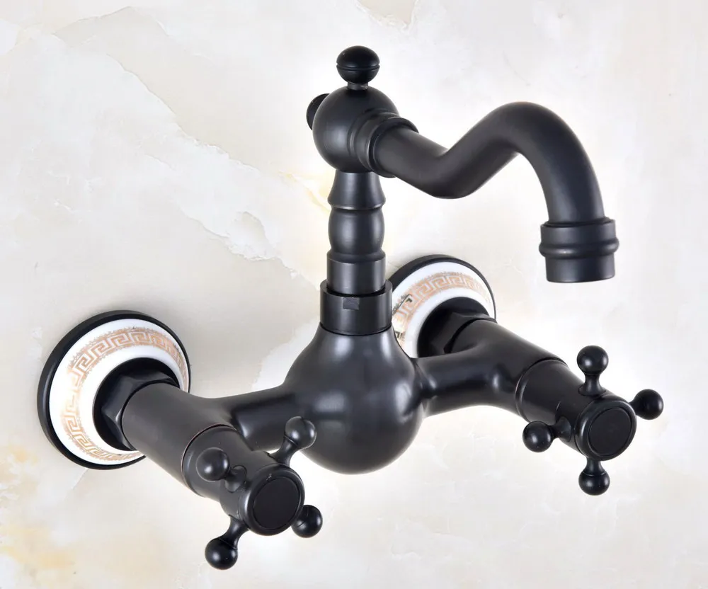 

Black Oil Rubbed Brass Double Handle/Hole Wall Mounted Kitchen Bathroom Basin Faucet Sink Mixer Tap Swivel Spout 360' dnf878