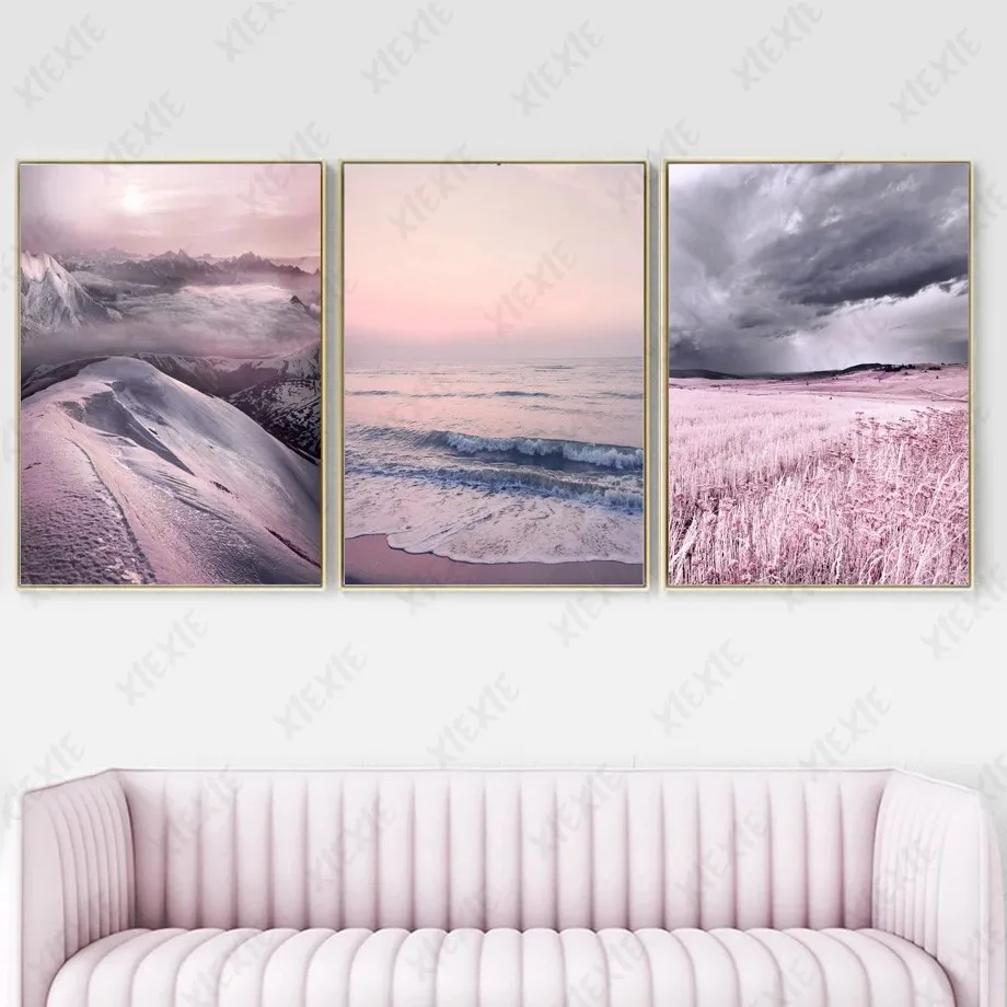 

Pink Landscape Poster Dream Sea Mountain Field Wallpaper Canvas Painting Art Print Craft Picture Decoration for Home Bedroom