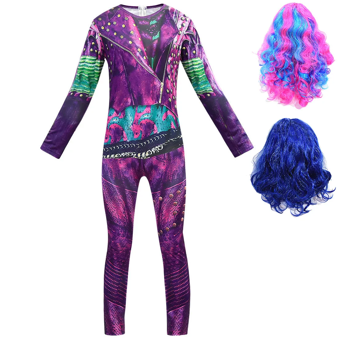 Movie Descendants 3 Mal Girls Cosplay Wig + Jumpsuits Halloween Costume For kids