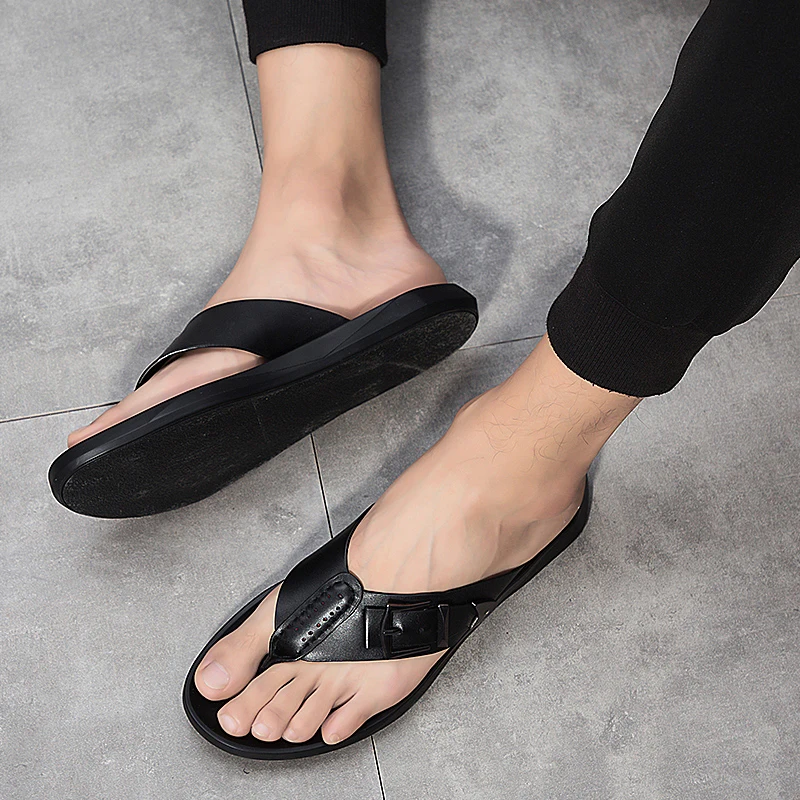 Мужские сандалии из натуральной кожи летние шлепанцы на плоской подошве легкие