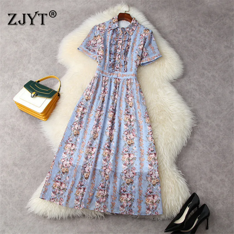 

Elegant Designers Summer Vintage Printed Ruffles Midi Holiday Chiffon Dress High Quality Festa Fashion Casual Aline Vestidos