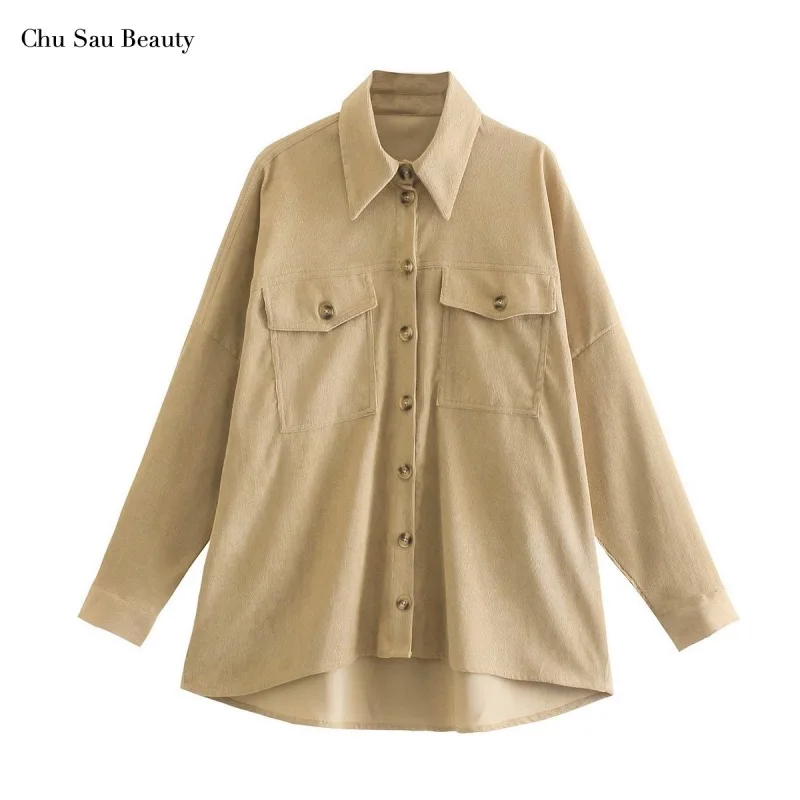 

Chu Sau Beauty Women's Autumn Fashion Shirt Jacket Solid Color Corduroy Lapel Long Sleeve Pocket Decoration Loose Jacket Top