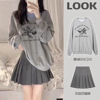 autumn cool girl small short skirt suit college style sweater pleated skirt ladies two piece suit