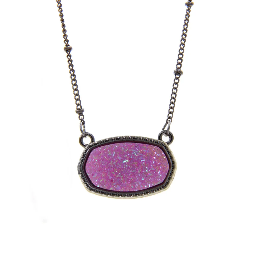 Ожерелье с шестигранной подвеской в Овальном стиле Druzy Drusy черное металлическое
