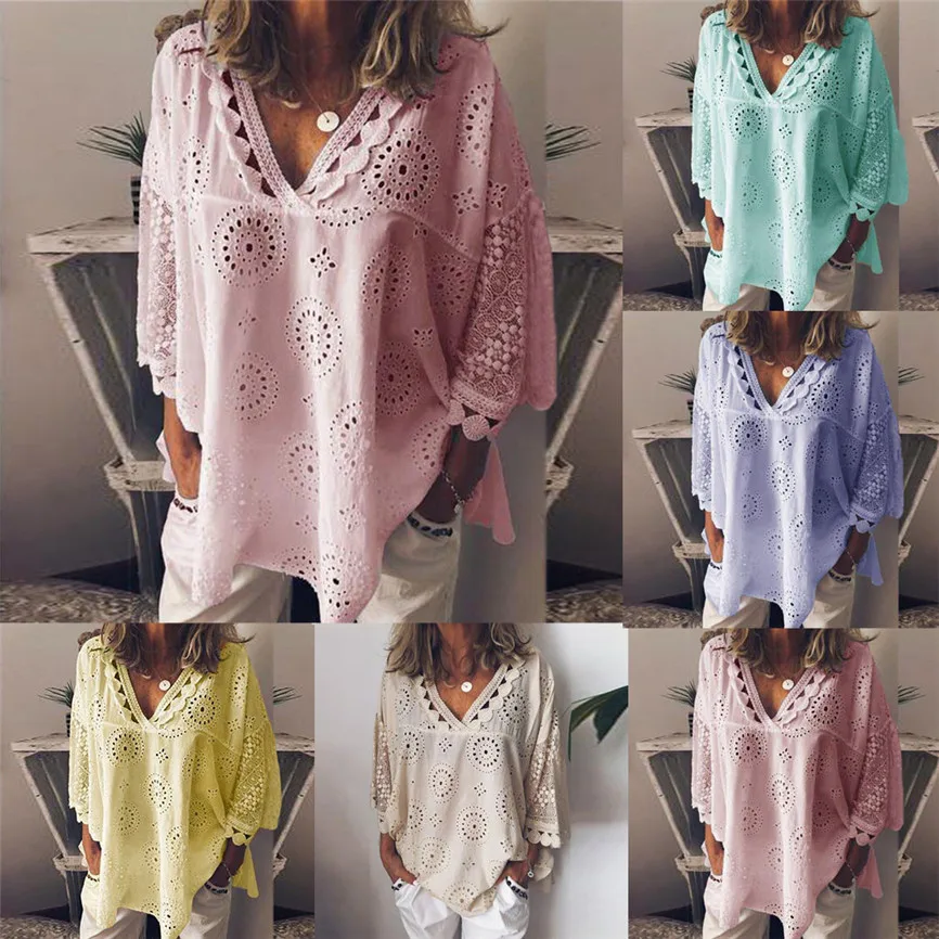 Blusas Mujer de Moda 2019 Women Half Sleeve Cotton Linen Hollow Out Lace Patchwork T-Shirt Blouse Tops Work Office | Женская одежда