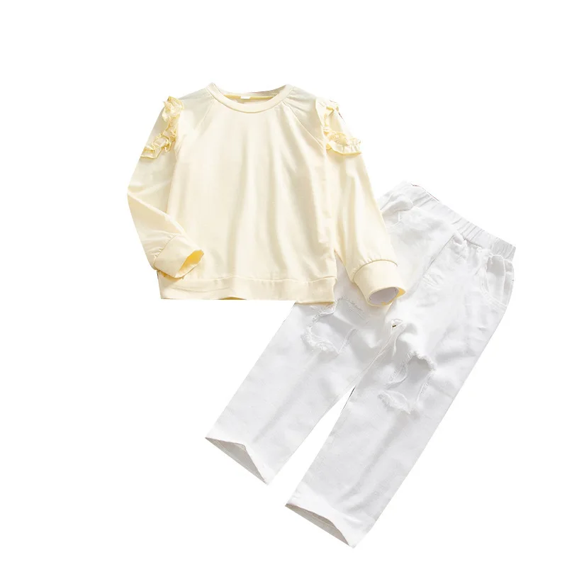 

2020 new baby girl long-sleeved sweater denim trousers two-piece suit solid color children's casual clothing girls clothes