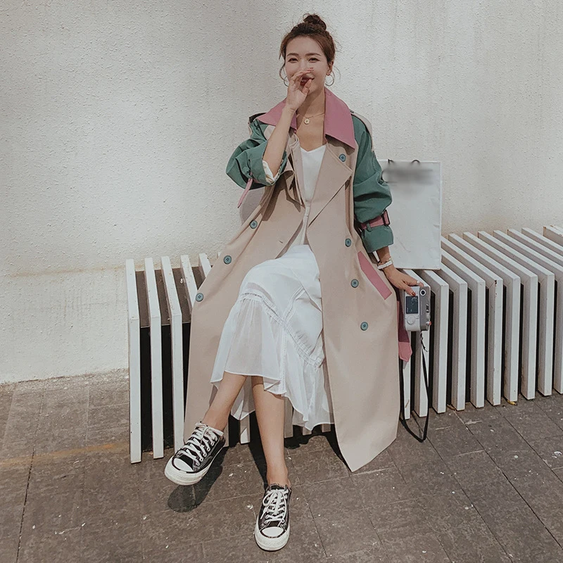 

GALCAUR Patchwork Casual Women Windbreaker Lapel Hit Color Long Sleeve High Waist Sashes Fashion Trenches Female New 2020 Autumn
