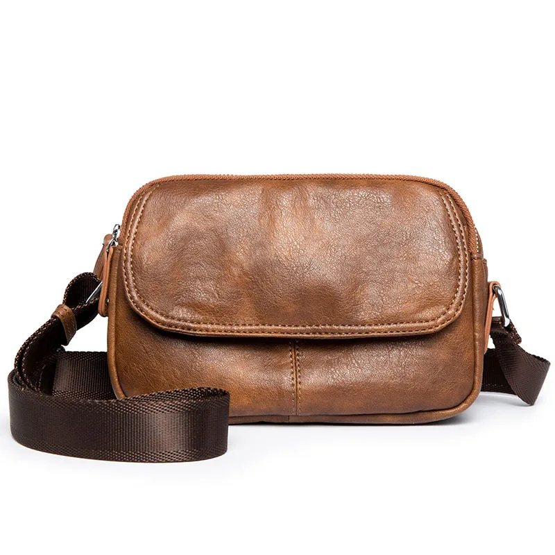 

Men's Vintage Messenger Bag Brand PU Leather Shoulder Bag Small Double zipper women Crossbody bags Multifunction phone Black bag