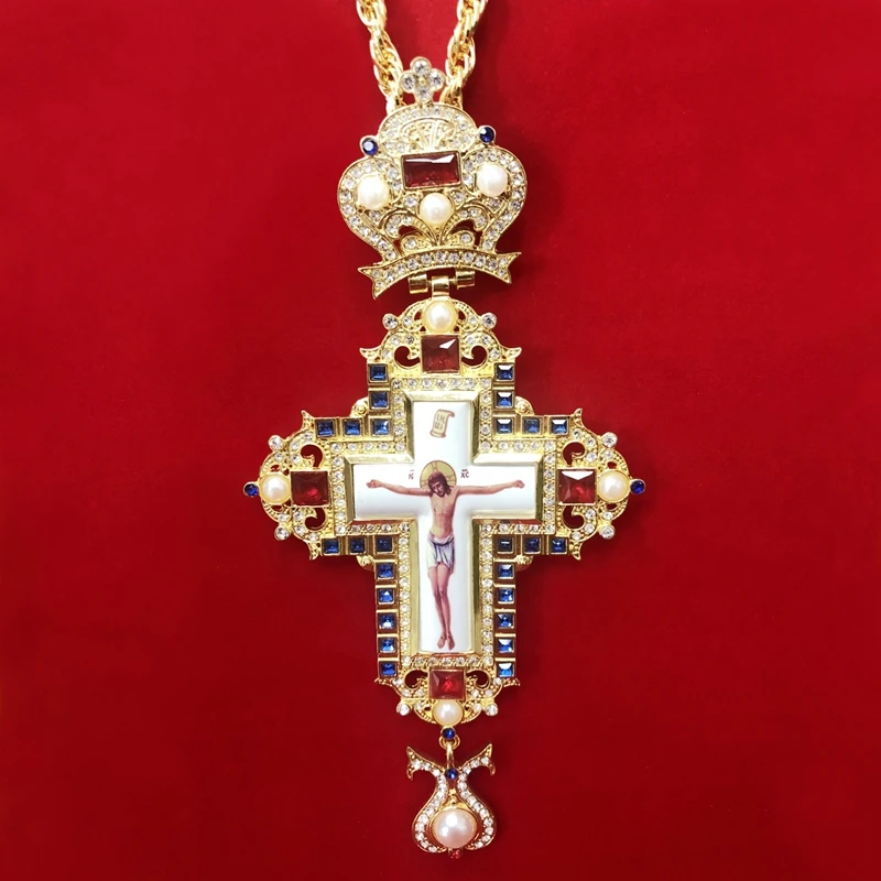 Нагрудный Крест православный Иисус подвески-кресты Позолоченные Стразы цепочка