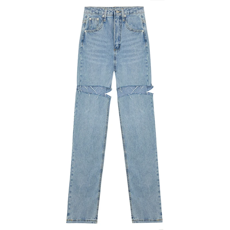 

CHICEVER Blue Loose Denim Wide Leg Pants For Women High Waist Hole Hollow Out Designer Casual Trousers Females Fashion Clothing