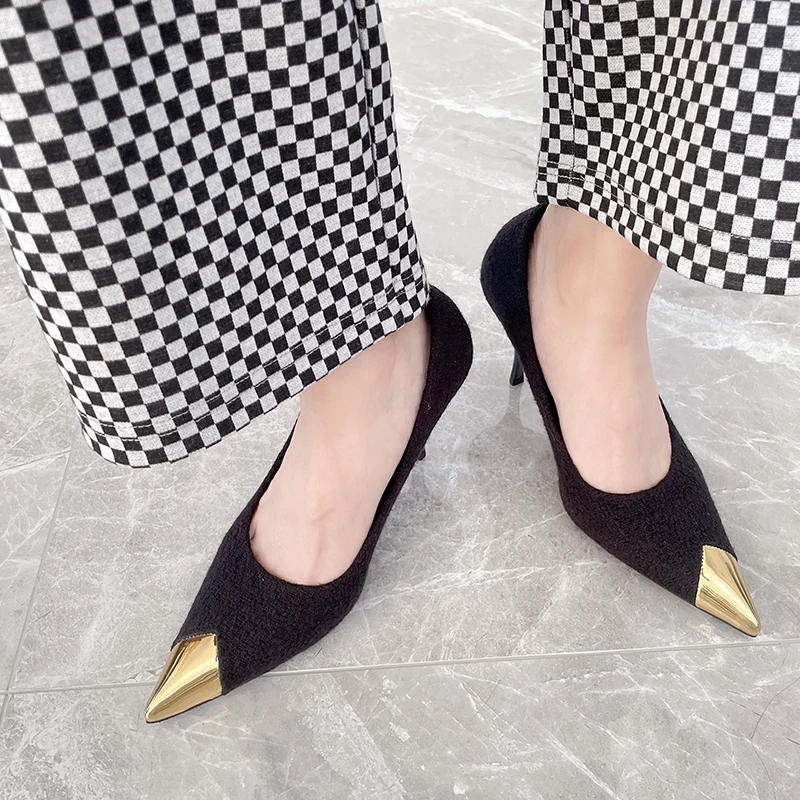 

White High Heels Sexy Metal Pointed Toe Ladies Pumps Classic Women Stiletto Office Shoes Black Dress Shoes Soulier Talon Femme