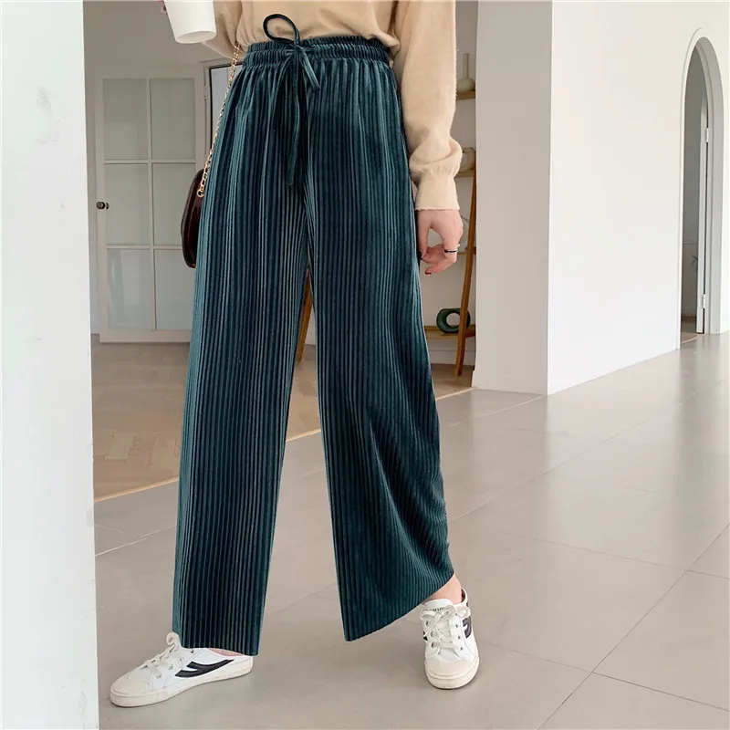 2019 Winter Women Velvet Wide Leg Pants Female Casual Elastic High Waist loose Autumn Pleated Solid Pant Femme | Женская одежда