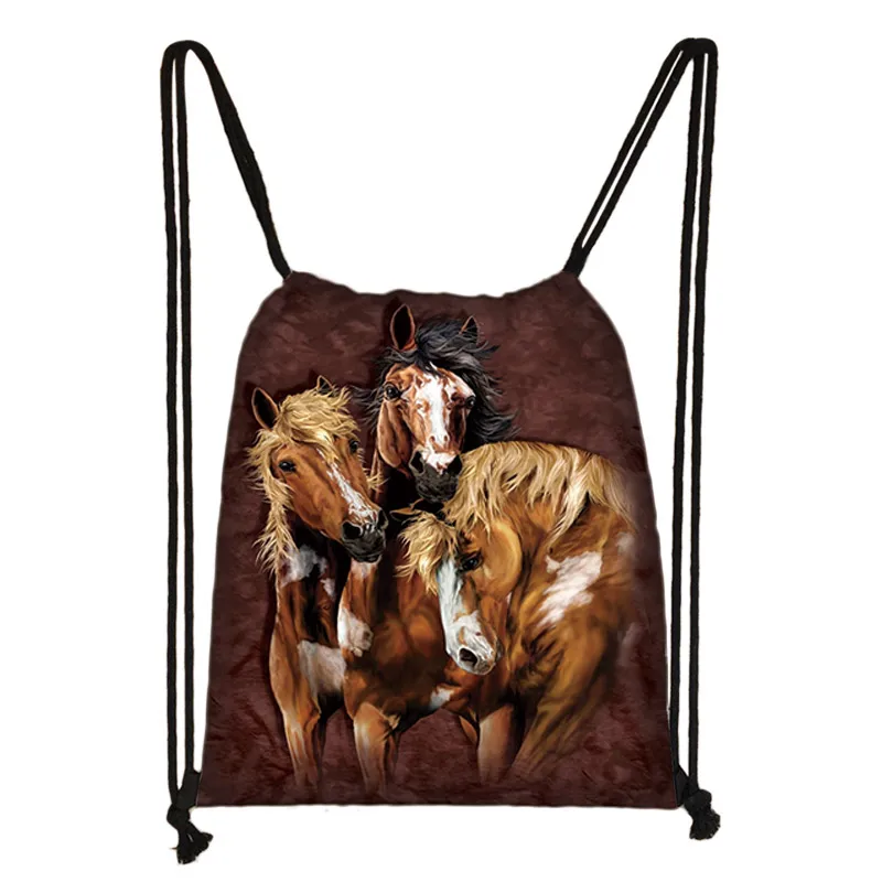 SKD-M003 elegent animal horse print drawstring bag women men storage bag fashion rucksack cute pony boys girls backpack kids bookbag gift - Цвет: SKD-M003