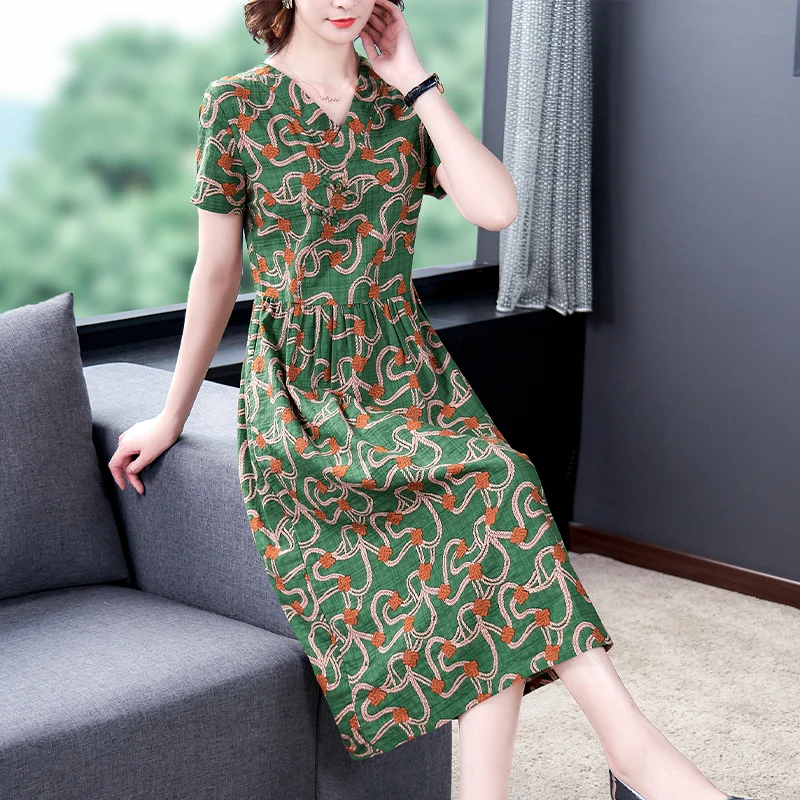 COIGARSAM Cotton Linen Women dress New Spring Dresses Green 1309 | Женская одежда
