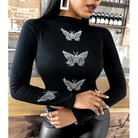 sexy autumn winter women slim blouse butterfly pattern studded long sleeve top