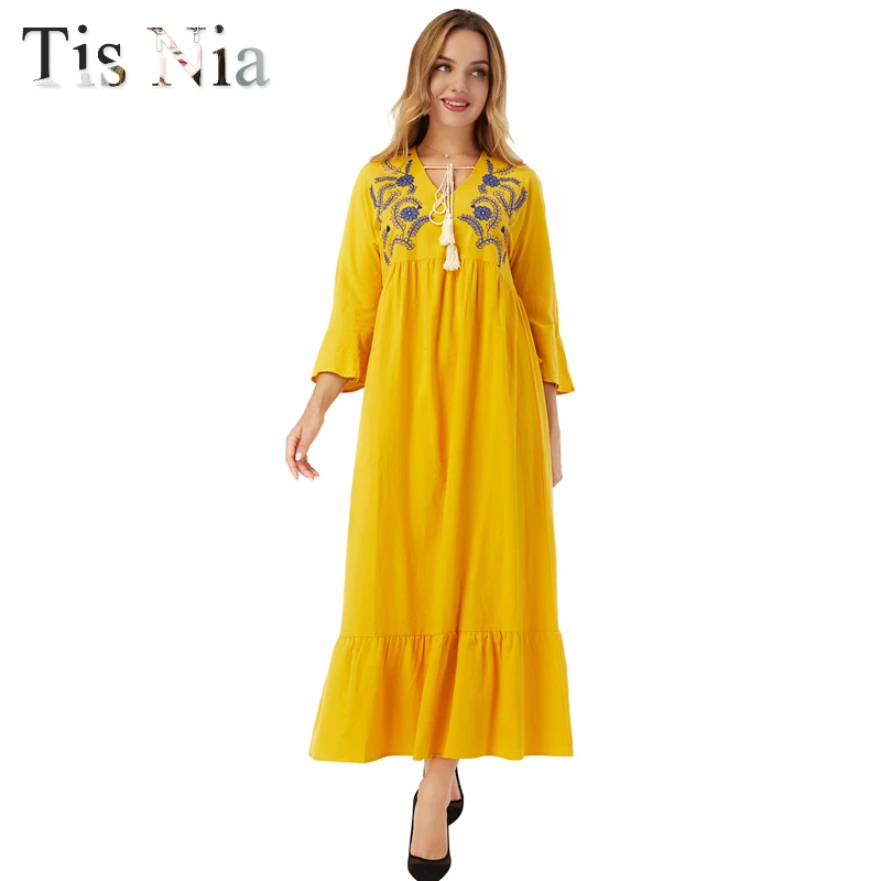 Eid Mubarek мусульманская Мода Дубай абайя Турция хиджаб летнее платье кафтан мусульманская одежда для женщин халат осень желтый 100GK