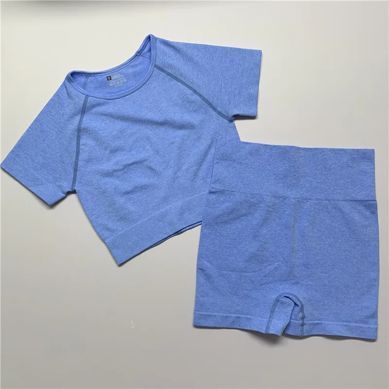 

2 Piece Set Women Seamless Set Women Yoga Sets Solid Short Sleeve Crop Top High Waisted Sports Shorts Gym Clothing Jogging Suits
