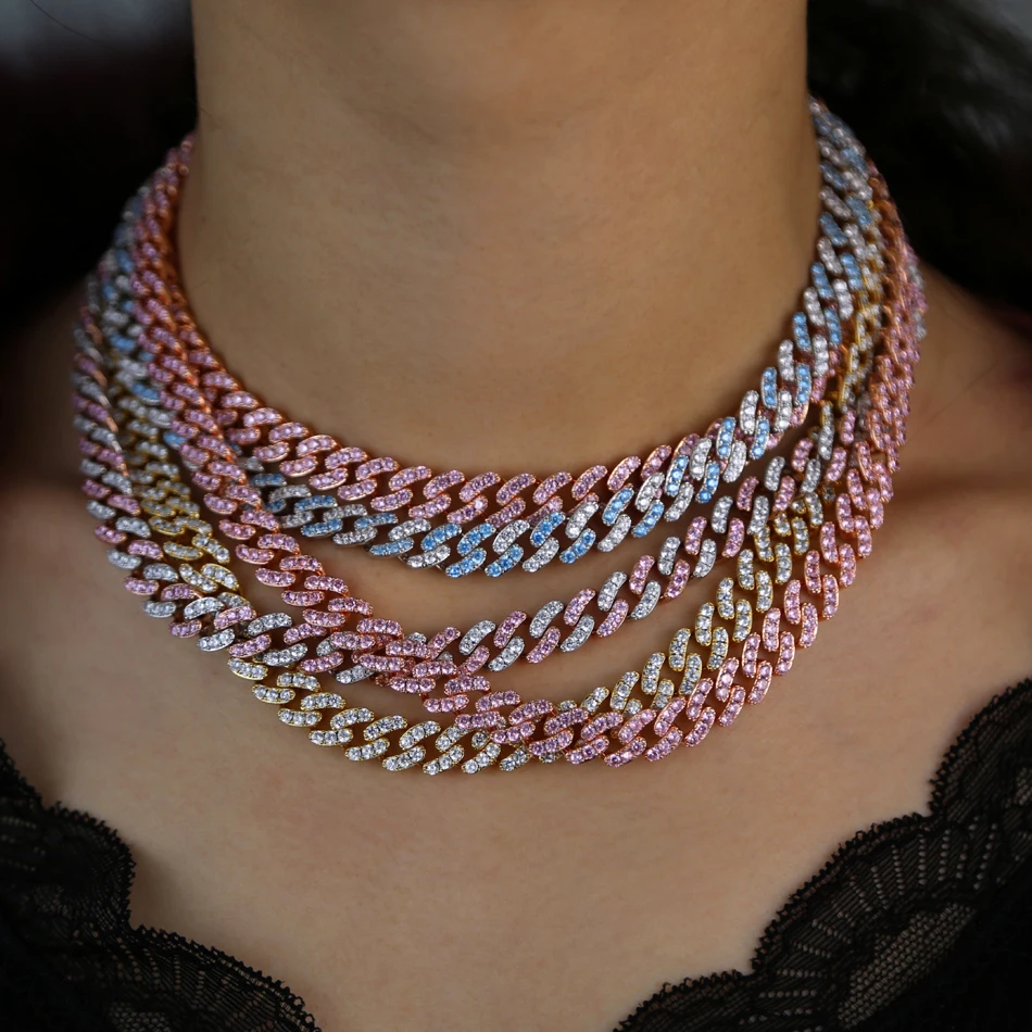 

Cuban Link Chain Pink White Two Tone Neklace Bracelet New Fashion Iced Out Hip Hop Bling Micro Pave Cz Women Jewelry Miami Gift