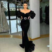 womens long velour formal evening dresses off the shoulder puff sleeves prom party gown sexy high slit mermaid robe with sashes