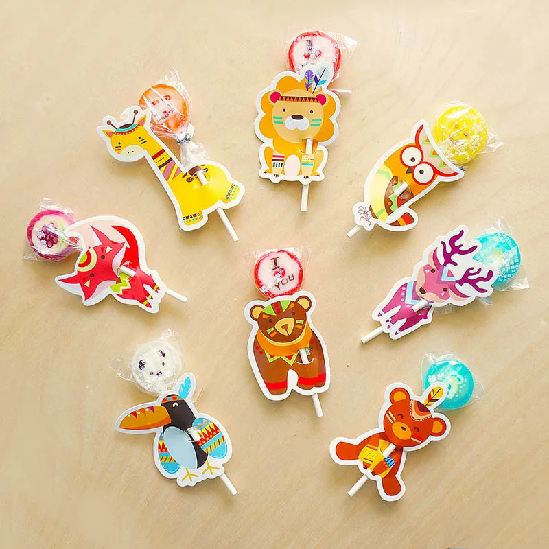 

2022 New 8pcs/set Zoo Animals Lollipop Paper Decor Card Cartoon Candy Stick Birthday Party Favor