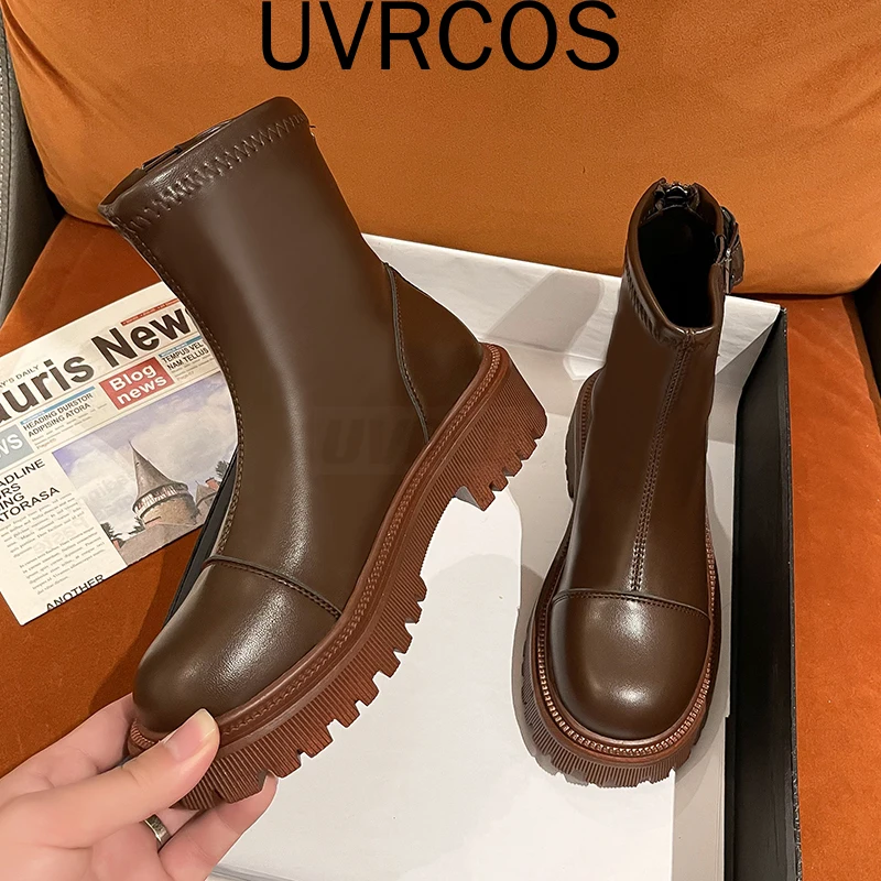

2022 New Shoes Women Ankle Boots Fashion Round Toe Chunky Heels Chelsea Boots Women All-match Botas Feminina Platform Shoes