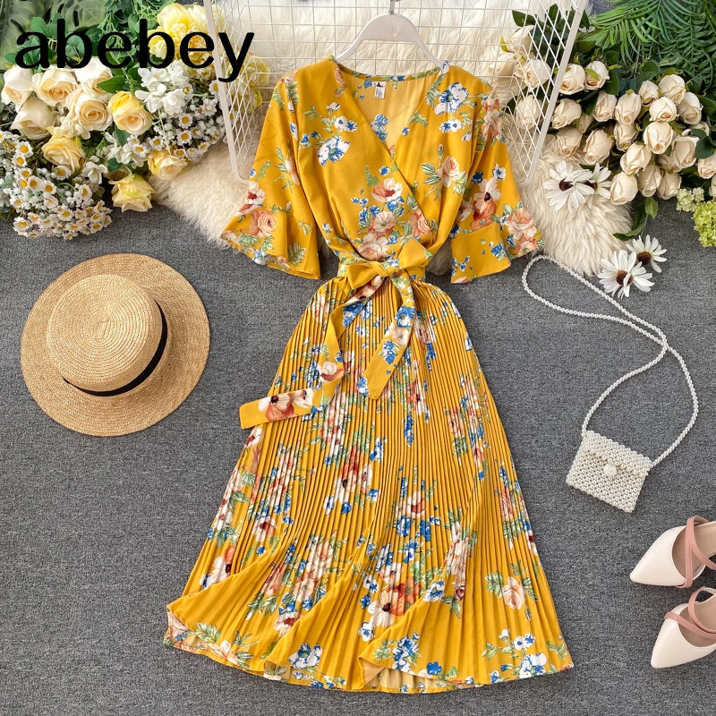Boho 2021 V образным вырезом Цветочный принт летнее Бандажное платье миди длинные