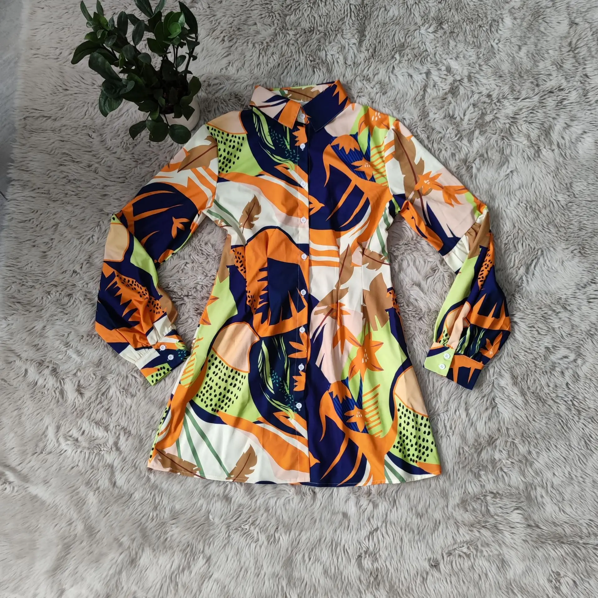 

Coffeehot women clothing Dresses Fashion Print Lantern Sleeve Long Shirt Women Mini Dress