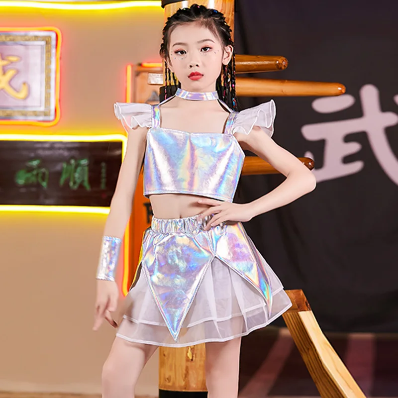 

Children Jazz Dance Costume Silver Shirt Skirt Girl Hip Hop Clothing Fashion Catwalk Stage Outfit Kids Modern Show Wear DNV13258