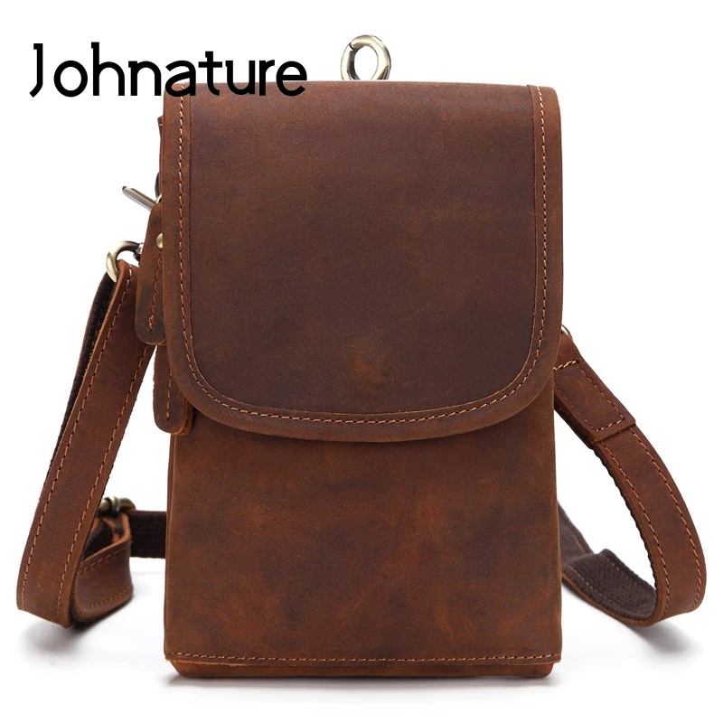 

Johnature Retro Crazy Horse Leather Men Waist Bag 2021 New Fashion Smaoll Messenger Bag Belt Pouch Leisure Cowhide Shoulder Bags