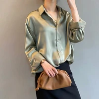 summer fashion button up satin silk shirt vintage blouse women lady long sleeves female loose street turn down collar shirts