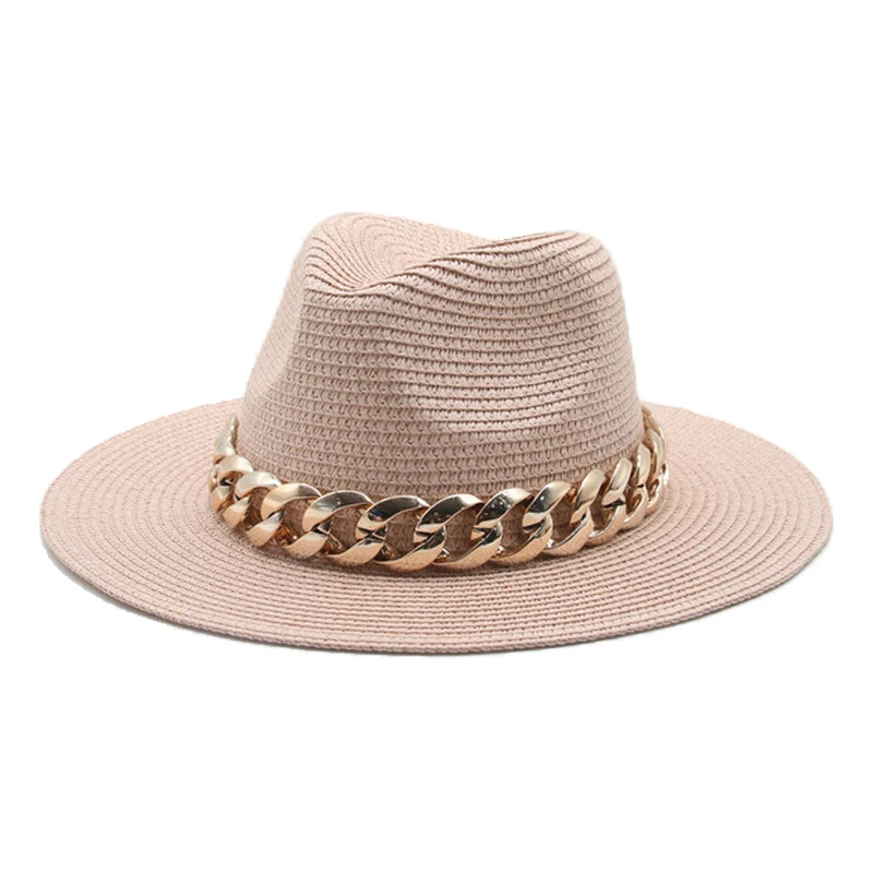 

women hats sun hats straw panama big brim gold chain band belt women summer hats spring black khaki beach casual summer men hats