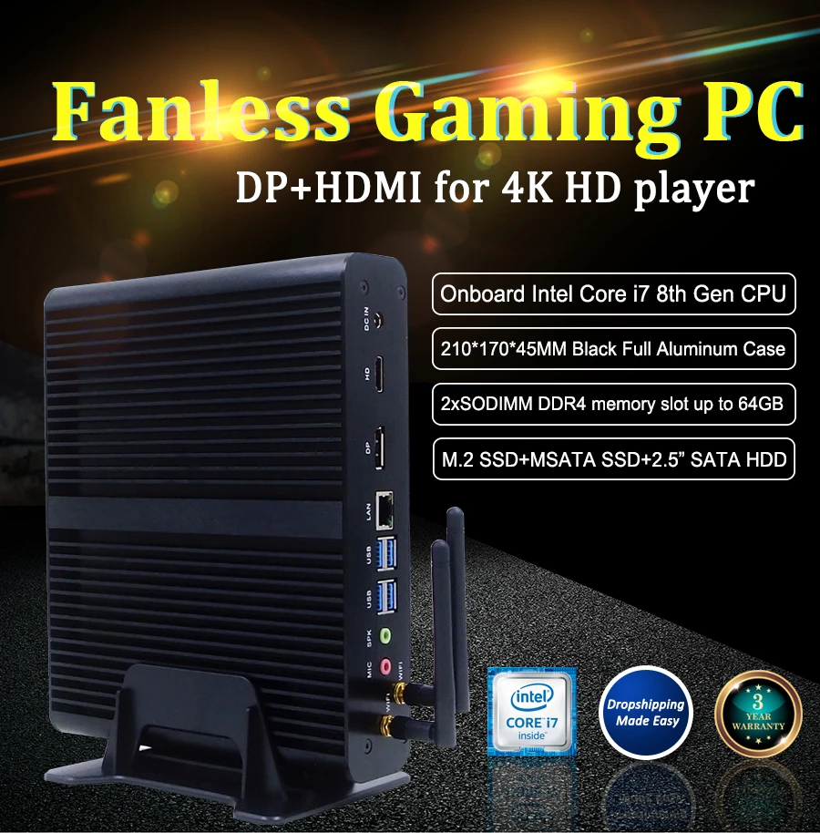 

Игровой мини-ПК без вентилятора Eglobal, i7 8550U 7560U 7260U, 2DDR4 Msata M.2 SSD Micro pc Win10 Pro Barebone HTPC Nuc VGA HD