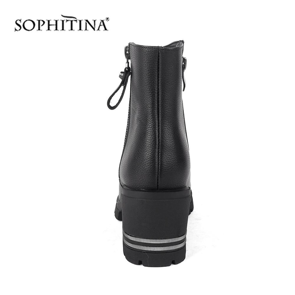 SOPHITINA/Ботинки женские на осень и зиму. Ботильконы с круглым носком на больших каблуках и толстых подошвах. Новая утепленная обувь высокого качества из коровьей кожи с молниями. Специальные женские ботильоны. SC228