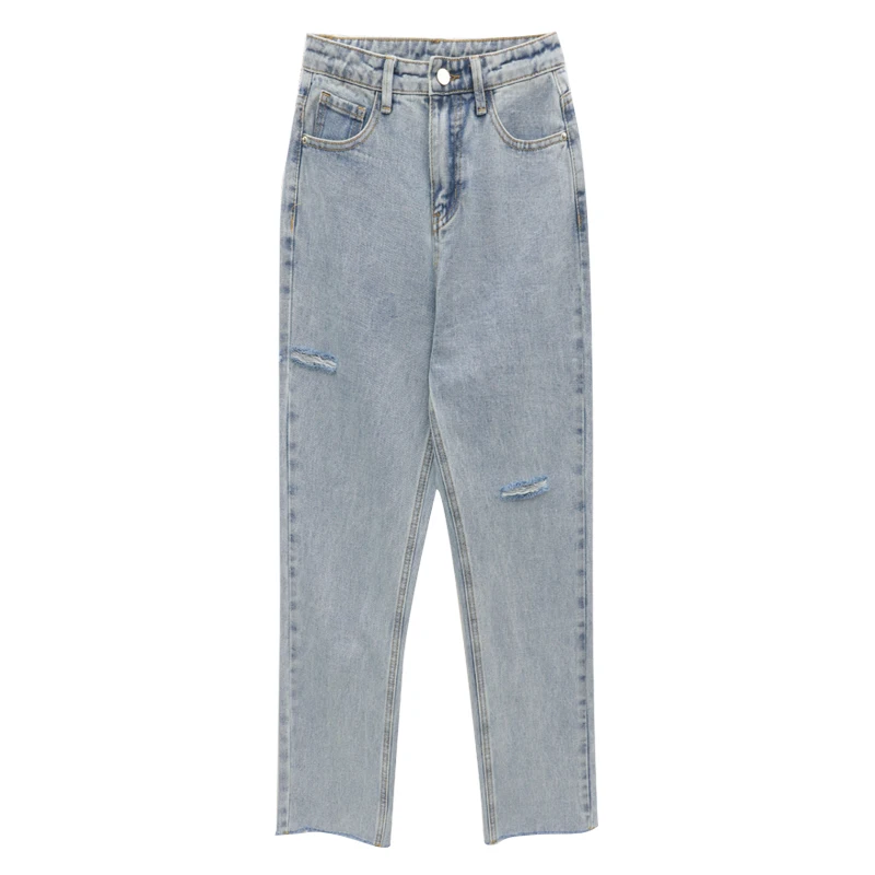 

Women Jeans Retro Ankle Length Trousers Denim Straight Bottom High Waist Hole Fresh Students All-match Leisure Korean Style Chic