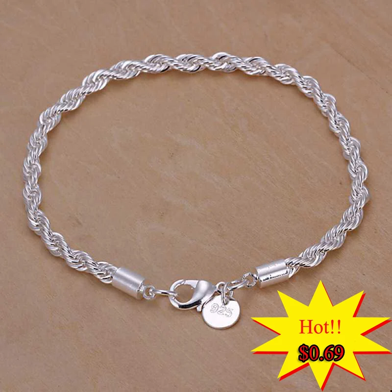 4 мм 20 см витая веревка цепи трендовые посеребренные браслеты для женщин и мужчин